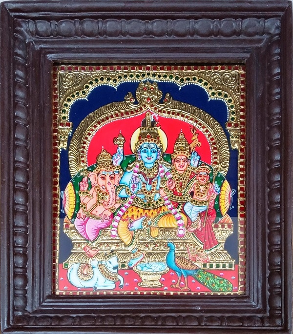Lord Shiva,Parvathi,Ganesa_ Murugan Tanjore Painting